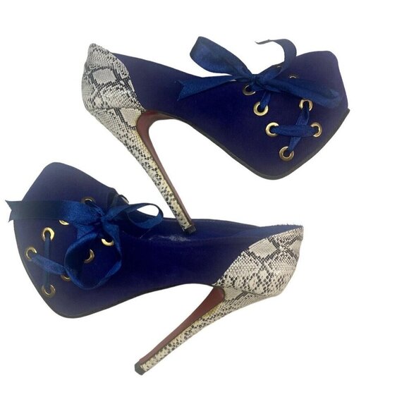 CRAPE MYRTLE Faux Suede 5" Heels Shoes Tie Accents Snake Print Blue 36/5.5-6 - Picture 6 of 8